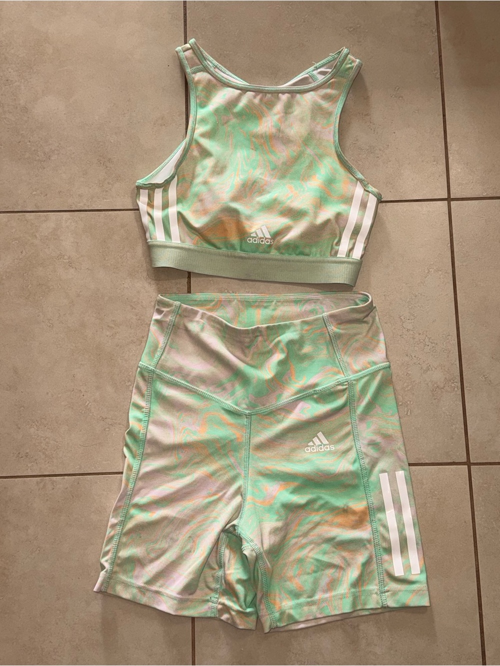 adidas Mint Marble Print Racerback Sports Bra & Bike Shorts Set